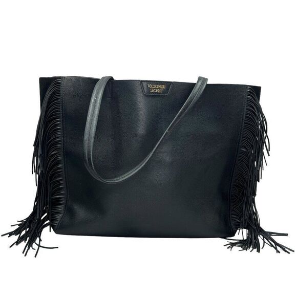 Victoria's Secret Women's Black Faux Leather Fringe Tote‎ Shoulder Bag - Picture 1 of 13